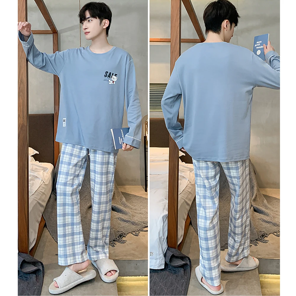 100% Cotton Breathable Soft Sleepwear for Sleeping Spring Autumn Cartoon Print Male Plaid Pajamas Set Casual Comfortable pyjama