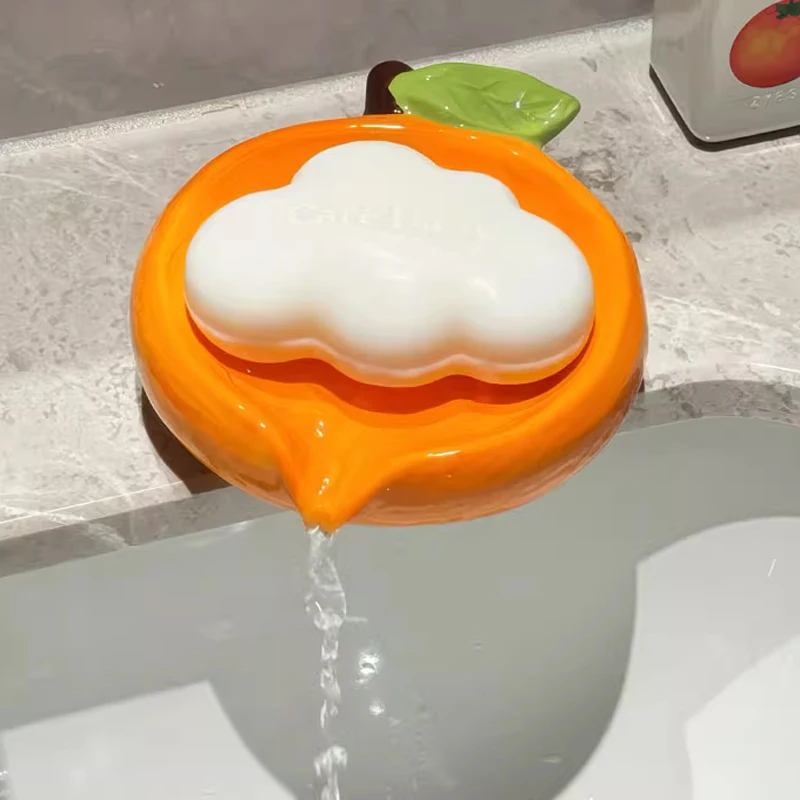 Ceramic Cute Cartoon Orange Shaped Soap Dishes Storage Rack, Home Bathroom Supplies Creative Light Luxury Drain No Punching, 1Pc