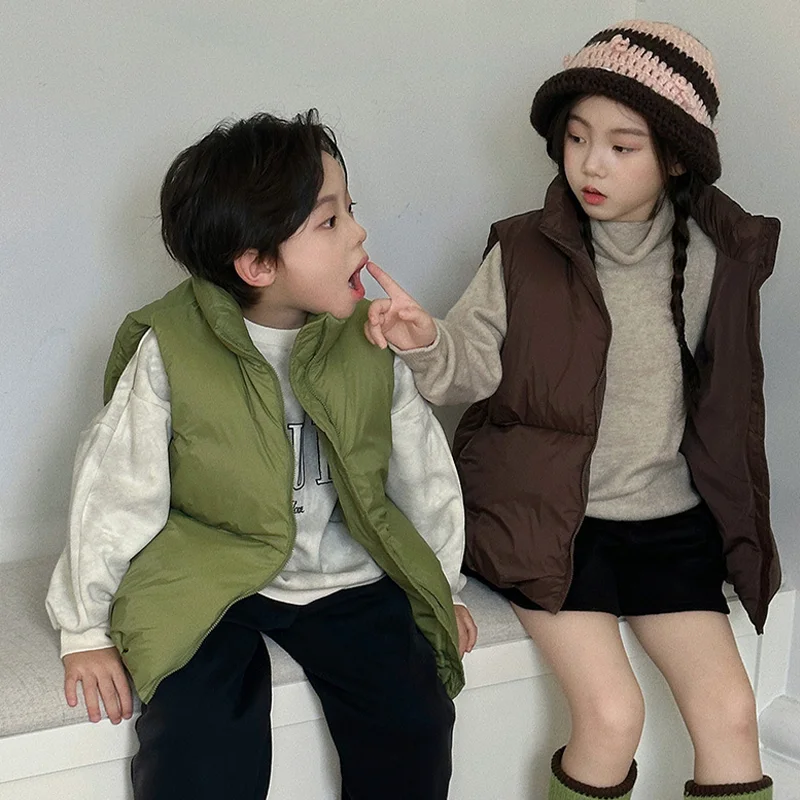 키즈 웜 다운 조끼 4-14 세 가을 겨울 패션 스탠드 칼라 양복 조끼 소년 소녀 캐주얼 솔리드 컬러 민소매 자켓