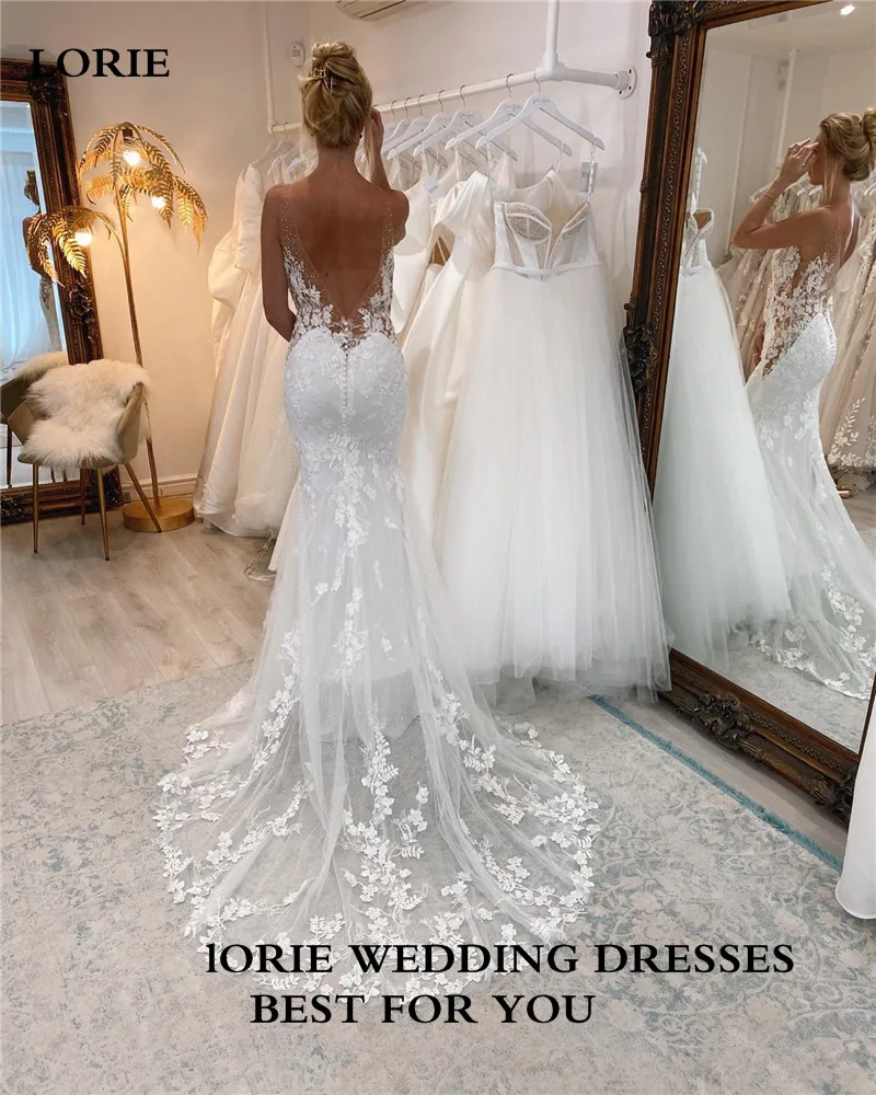 LORIE Lace Mermaid Wedding Dresses Sleeveless Nude Sheer V Neck Bridal Dress Sweep Train Vintage Lace Wedding Gowns Customized 2
