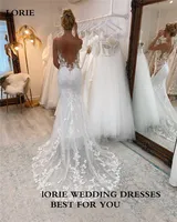 LORIE Lace Mermaid Wedding Dresses Sleeveless Nude Sheer V Neck Bridal Dress Sweep Train Vintage Lace Wedding Gowns Customized 2