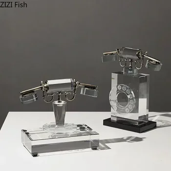 Creative Transparent Crystal Telephone Ornaments Desk Decoration Retro Fixed Telephone Sculptures Crafts Room Aesthetics Decor