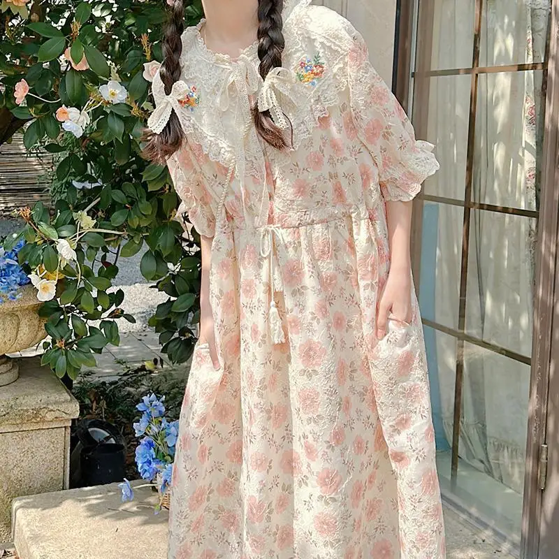 

Summer Embroidered Floral Dress for Women Doll Collar Sweet Mori Girl Short Sleeve Dress Vintage Cotton and Linen Loose Vestidos