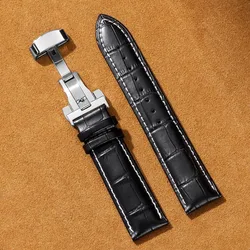 Elegant Leather Cowhide Watch Band with Butterfly Buckle - Business Bracelet Wristbelt - 22mm (Black - White)