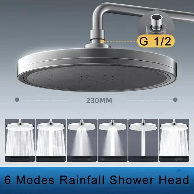 Enhanced Rainfall Shower Head - 230mm Big Panel, 6 Adjustable Modes, High Pressure Bathroom Accessory