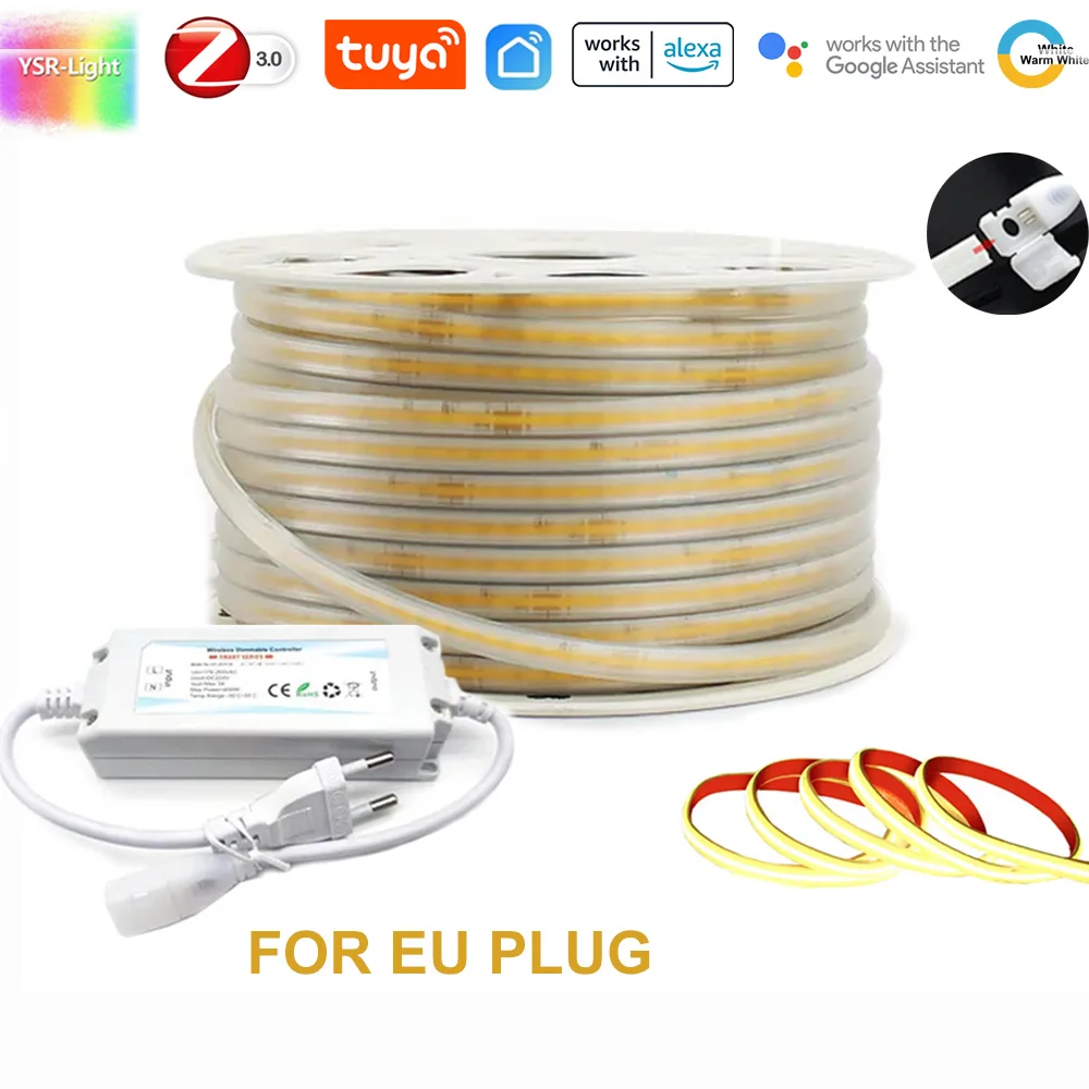 thumbnail image 1 of Tira de luces LED COB Zigbee superligera de 220 V CA, resistente al agua, con emisión de luz uniforme, sin foco, flexible, 288 LED/m para una vida inteligente, 1 of 5