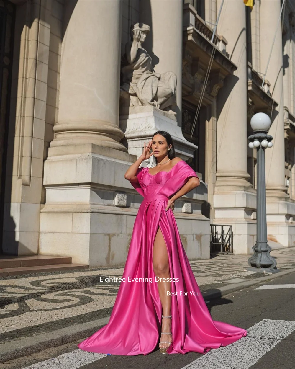 

Eightree Hot Pink Saudi Evening Dresses Off The Shoulder Long A Line Satin High Slit Abendkleider Dubai Formal Occasion Dresses