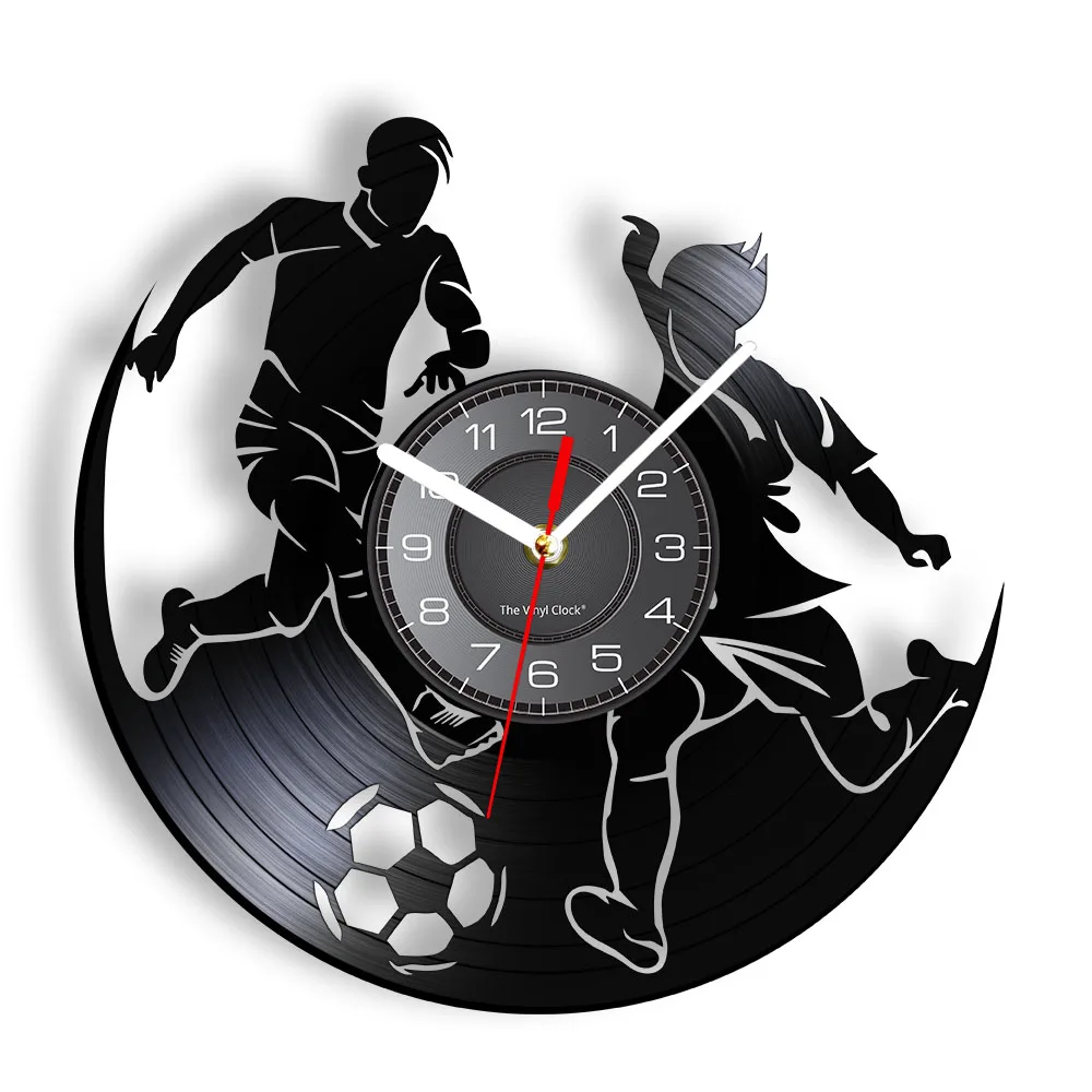 

Football Player Silhouette Hanging Black Vinyl Record Wall Clock For Teenage Room Sports Decor Soccer Fans Handicraft Art Clock