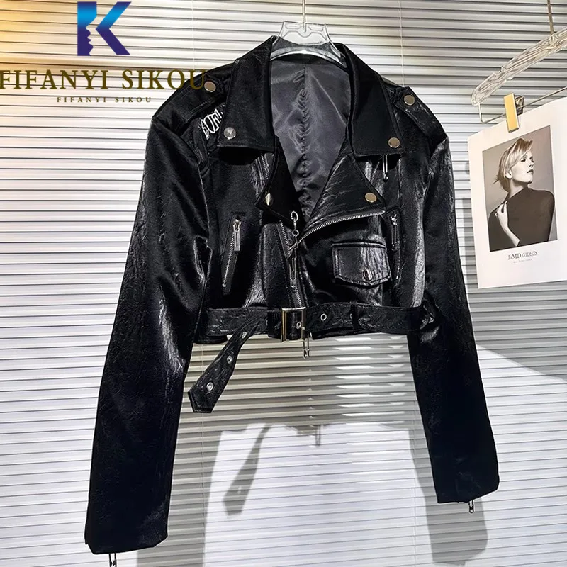 embroidery-letter-pu-leather-jacket-women-zipper-belt-motorcycle-short-coat-2023-autumn-lapel-black-patent-leather-jacket-female