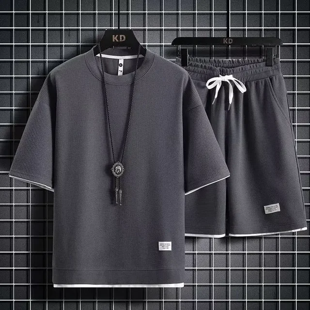 Casual Sports Suit For Men Summer Ice Cool Trendy Loose Fit Checked Short Sleeve Shorts Stylish.jpg