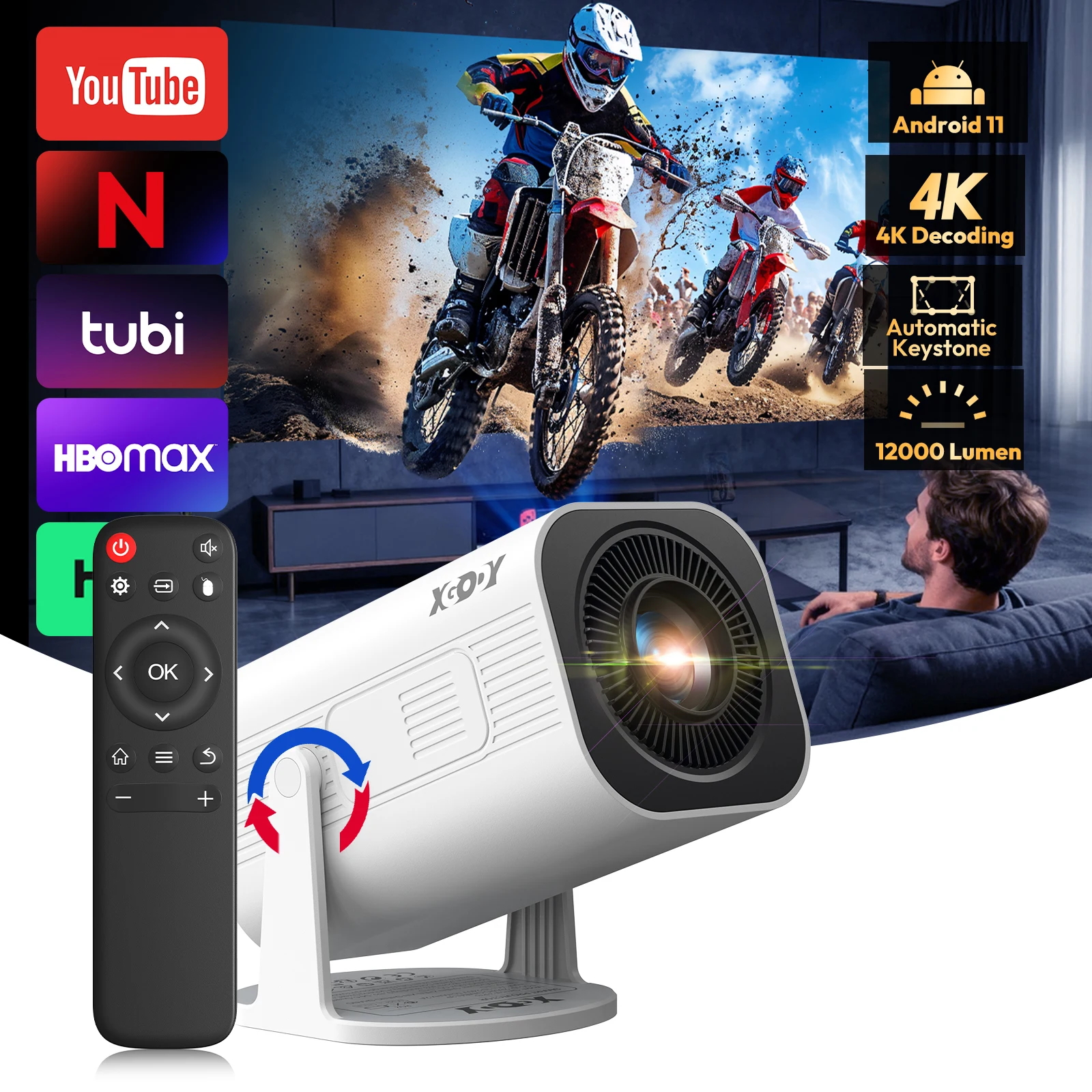 XGODY Portable Gimbal 3 Pro 12000LM 4K Projector 2.4G/5G WiFi Bluetooth 5.4 Android 11 Mini Home Theater Portable projector