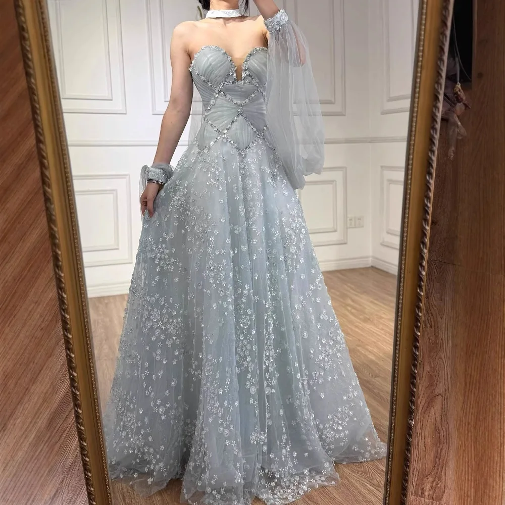 Luxur Light Blue   A-Line Evening Dress With 3D Floral And Detachable Chiffon Sleeves Serene Hill 2025 LA73099