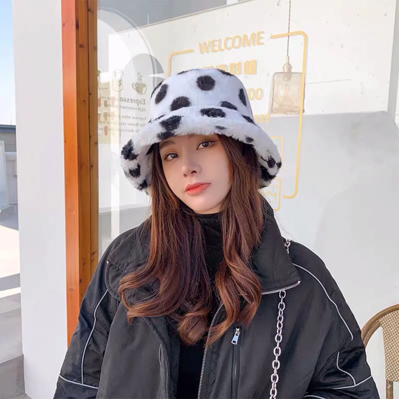 

Women Bucket Hats Dots Fisherman Caps 2022 Autumn Winter Female Beach Fishing Hat Lamb Wool Outdoor Warm Panama Cap