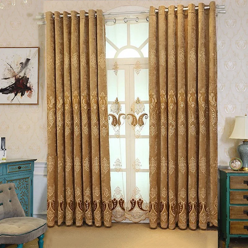 High-end European Embroidered Chenille Curtains For Bedroom Living room Villa Luxury Blue Blackout Window Treatment Customized