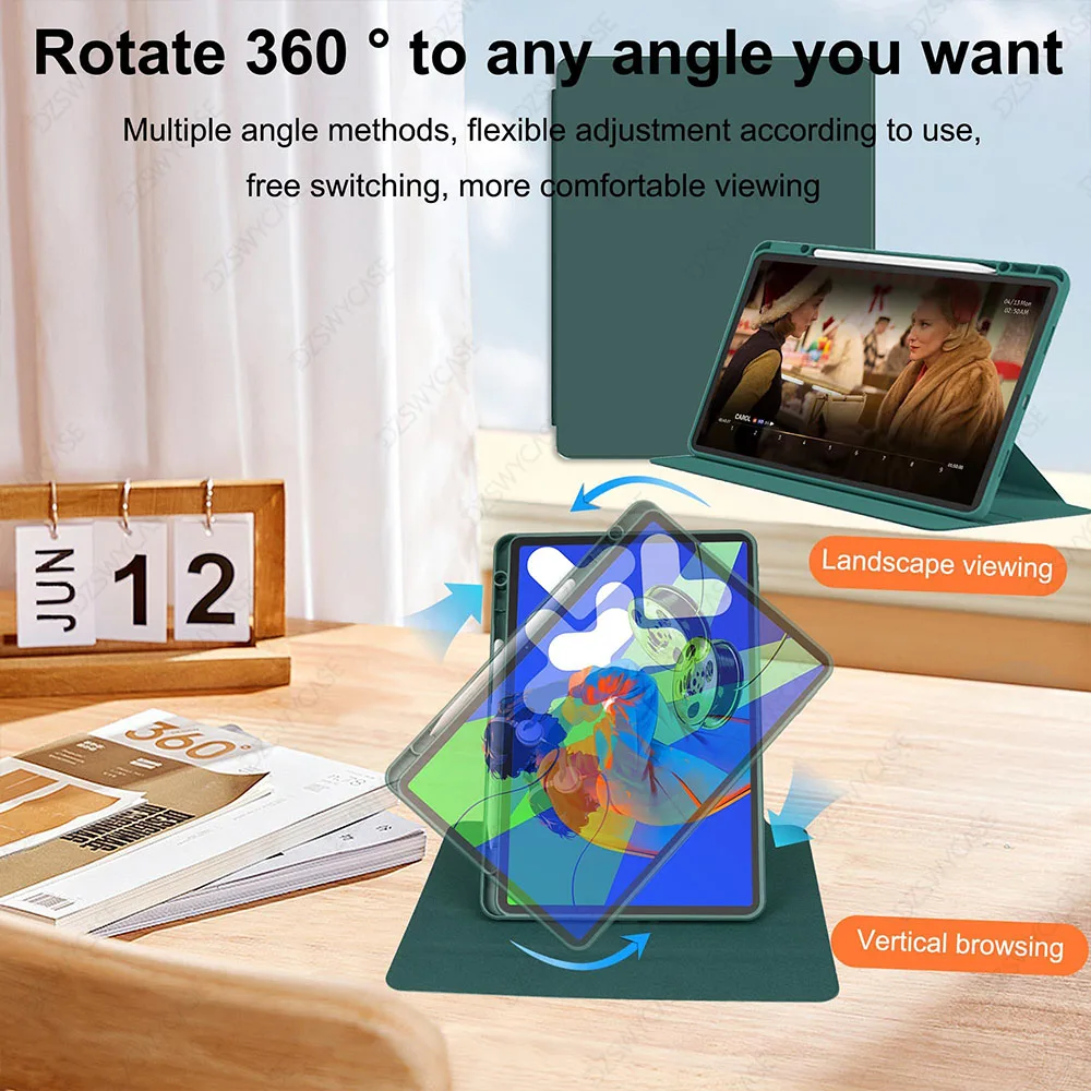 Enhanced Tablet Case with Pencil Holder, 360° Rotating Stand, Transparent Acrylic Cover, Auto Wake/Sleep Function