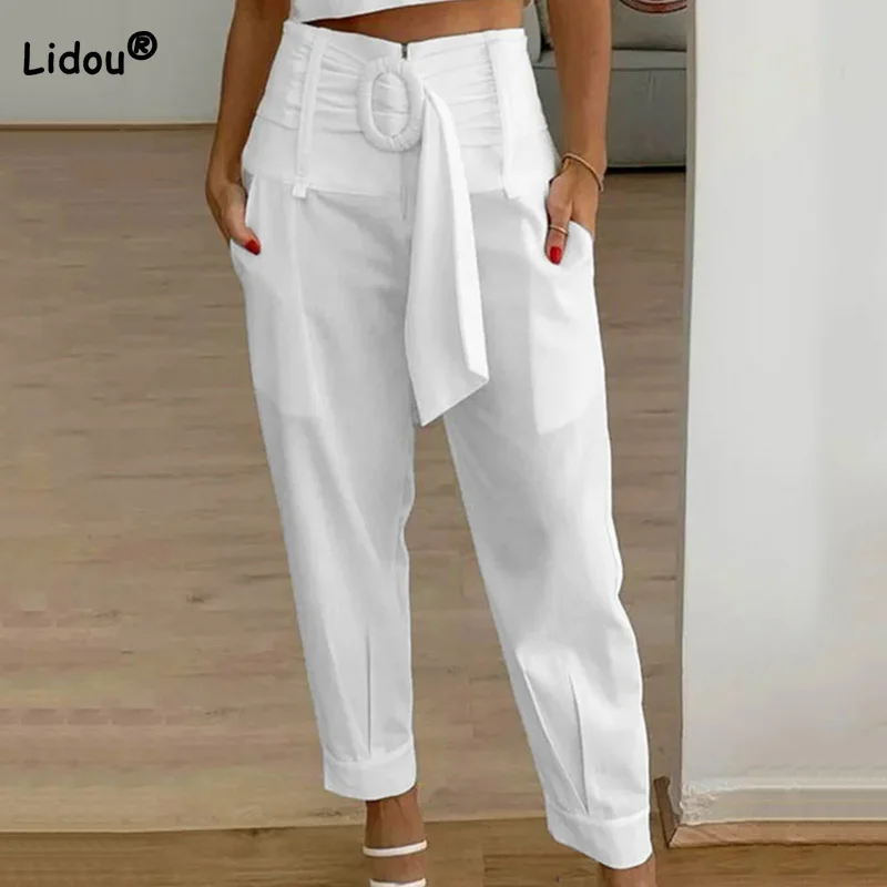 2023 Summer new Zippered high waisted pocket cropped pants casual Solid color Three-dimensional decoration Straight Trousers