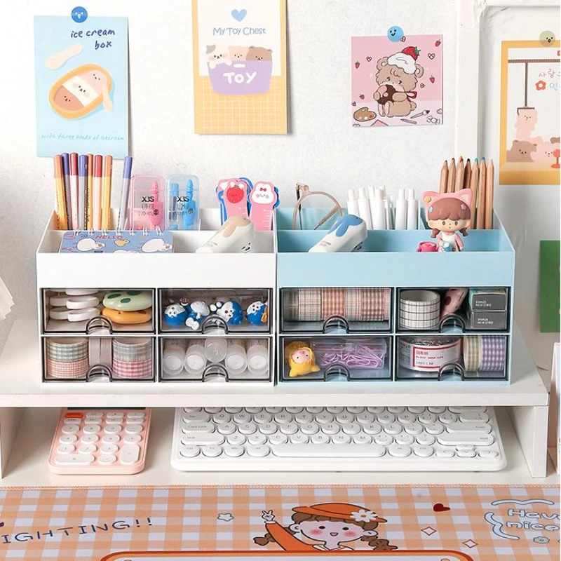 Cute Drawer Desktop Pen Holder Kawaii Large-capacity Desk Stationery Organizer Shelf Office School Student Cosmetics Storage Box