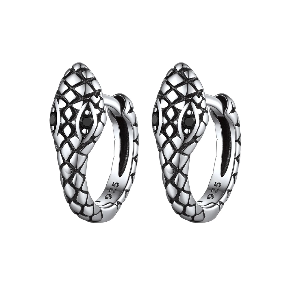 

925 Sterling Silver 3D Cute Snake Hoop Earring Black CZ Eyes Diameter 8mm Huggie Antique Silver Gothic Unisex Jewelry