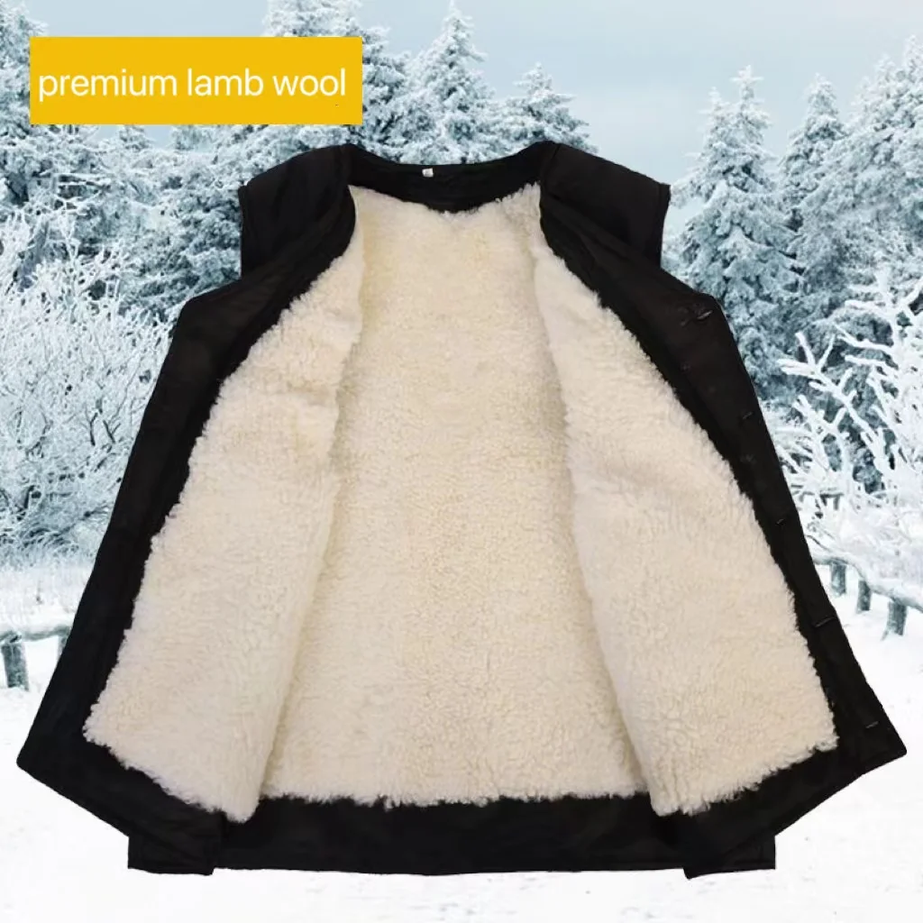 Cold Autumn Winter Middle-aged Elderly Wool Vest Thicken Warm Genuine Fur Overcoat Fashion Comfortable Dad Father Cotton Outfit 2