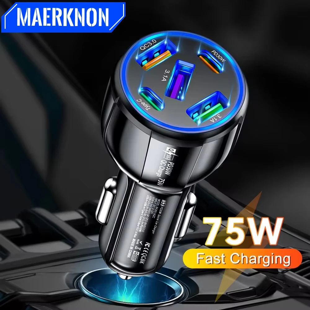 5 Ports USB Car Charger 75W PD Type C Fast Charging Charger In Car For iPhone Sa