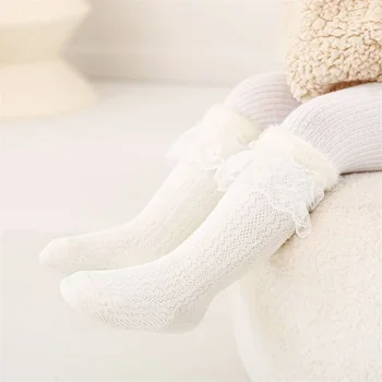 Adorable Baby Girl Knee High Socks Soft Cotton Lace Trim Elastic Breathable Warm Comfortable Fashion Stockings for Toddlers 2