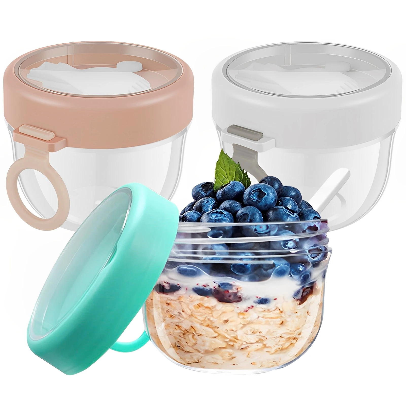 

3Pcs 20oz/600ml Overnight Oat Container with Lid and Foldable Spoon Leak-Proof Oats Jar Portable Yogurt Cup Kitchen Gadgets