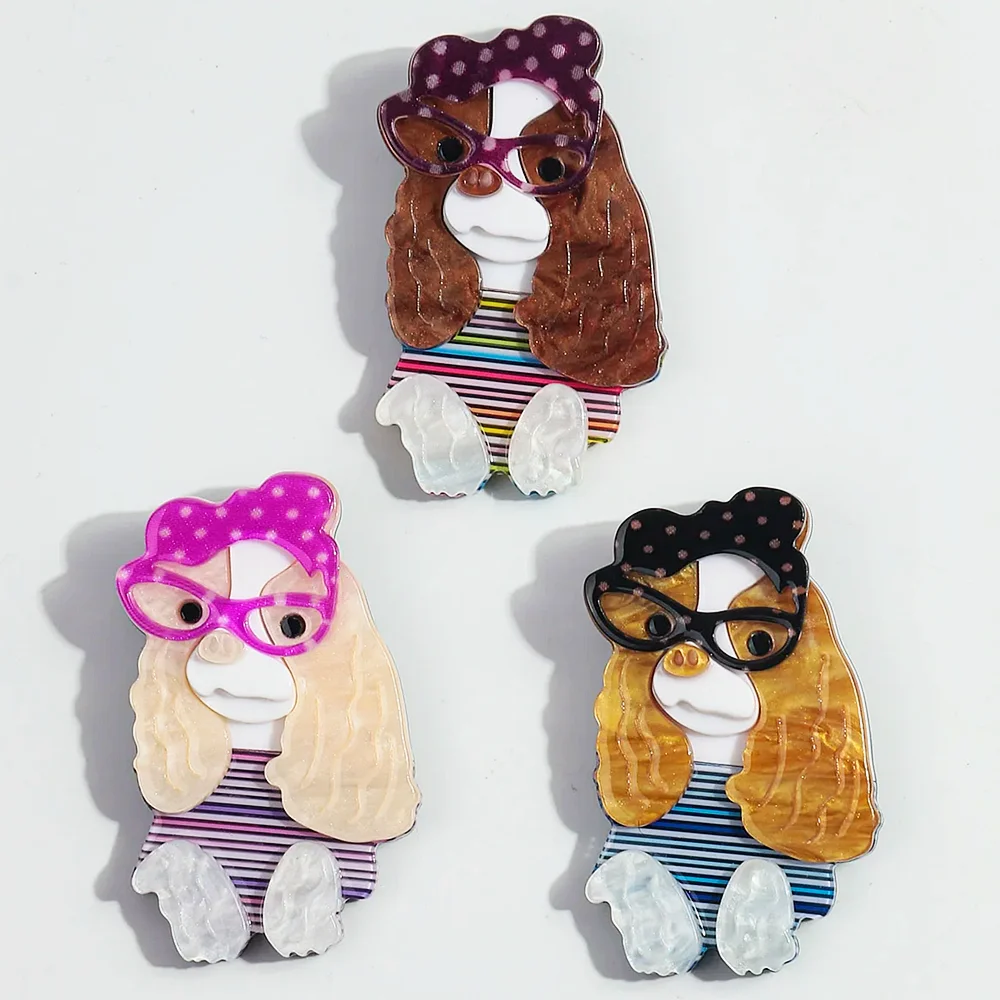강아지용 사랑스러운 안경 여성용 수제 아크릴 브로치, 귀여운 강아지 동물 브로치, 옷깃 핀, 의류 2024 패션 액세서리