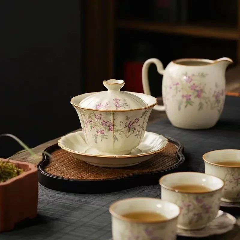 Retro Large Ceramic Tea Brewing Cup Set, Teacup, Anti-Scald, Beige Gracked Glaze, Single, Retro, Plum Blossom, Household