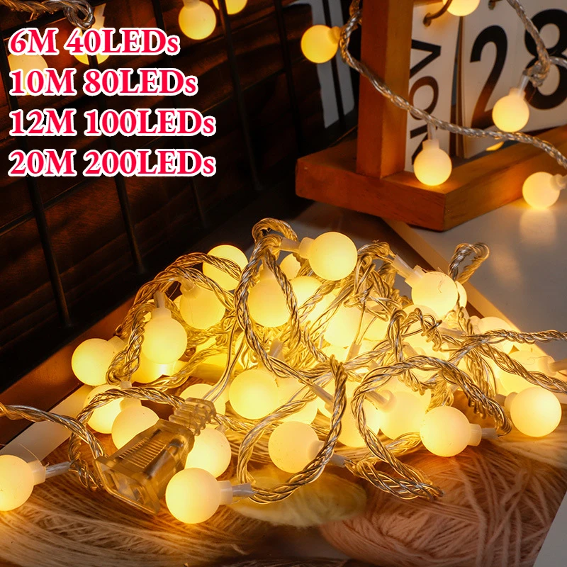 EU Plug LED Ball Garland String Lights Waterproof Outdoor Garden Lamp Christmas Holiday Fairy