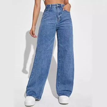 Jean droit à jambes larges bleu foncé pour femmes, amincissant, assorti avec tout, nouvelle collection 1