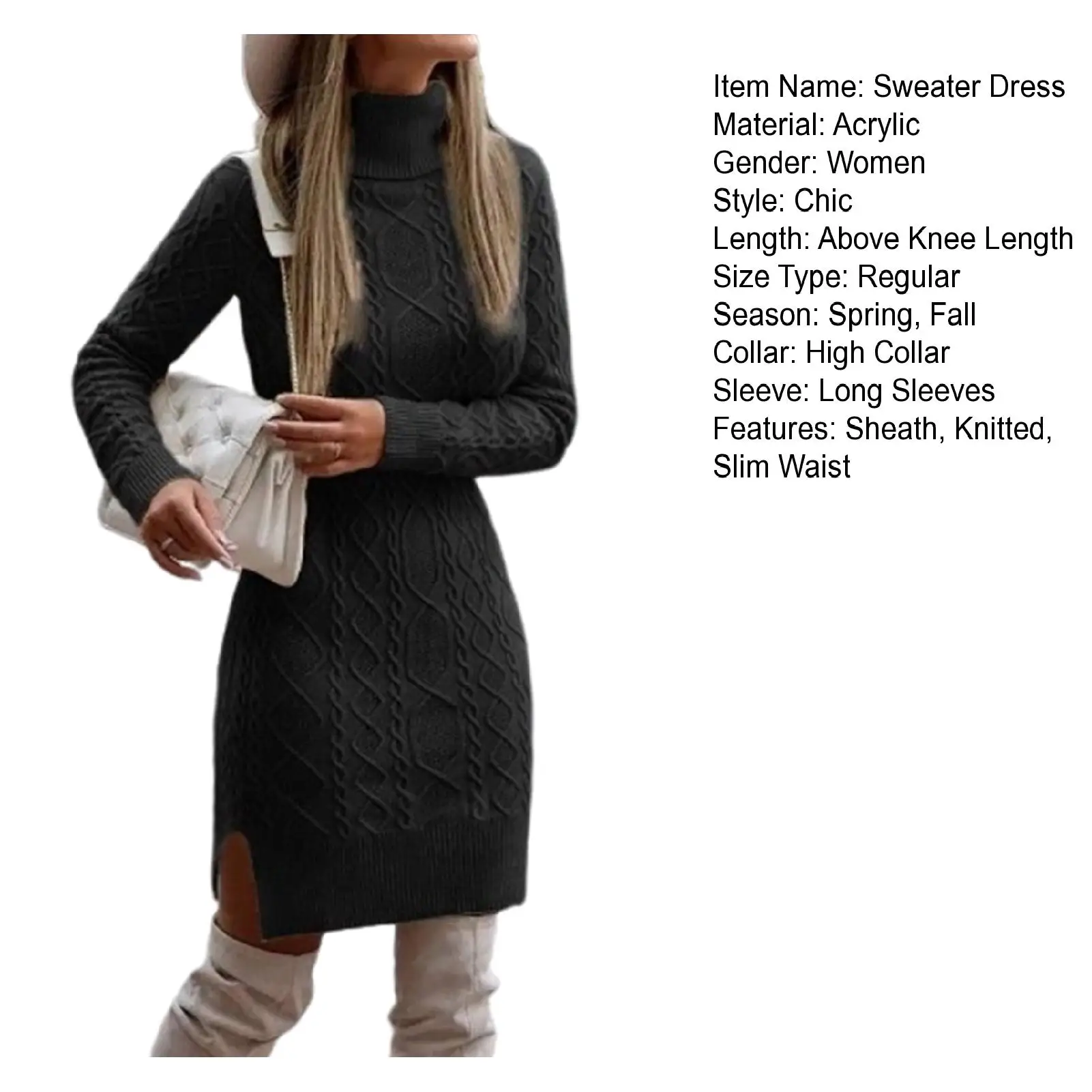 Robe Pull Femme - Manches Longues, Col Roulé, Coupe Ajustée - Tunique D'hiver Décontractée (couleur Unie)