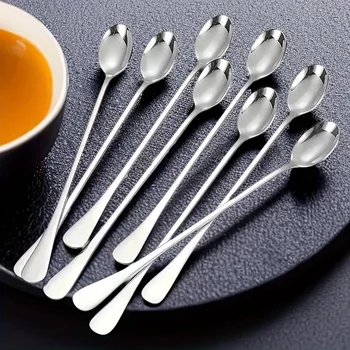 6Pcs Stainless Steel Long-Handled Ice Teaspoon, Coffee Spoon, Ice Cream Stirring Spoon, Dishwasher Safe, Kitchen Accessories, Tableware Set 1
