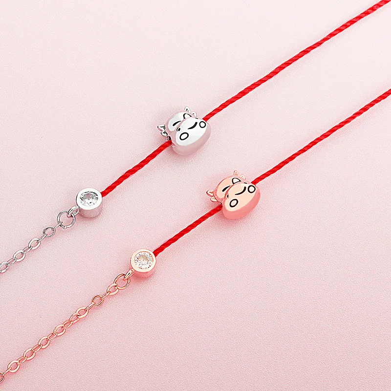 

A S925 Sterling Silver Cute Cow New Style Bracelet Woven Red Handrope Accessory for Women in the Year of Ox