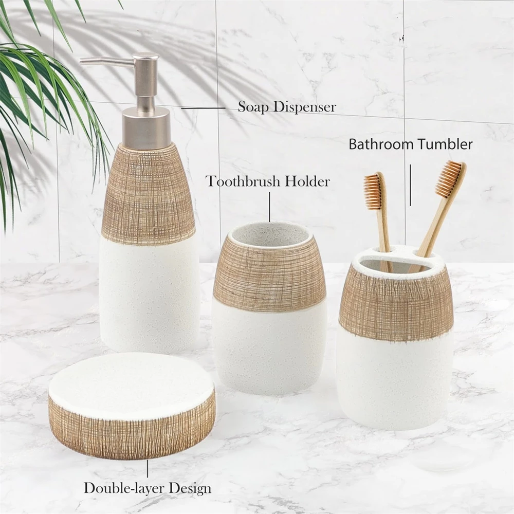 Brown ceramic bathroom set with toothbrush holder, cup, and soap dish on white surface.