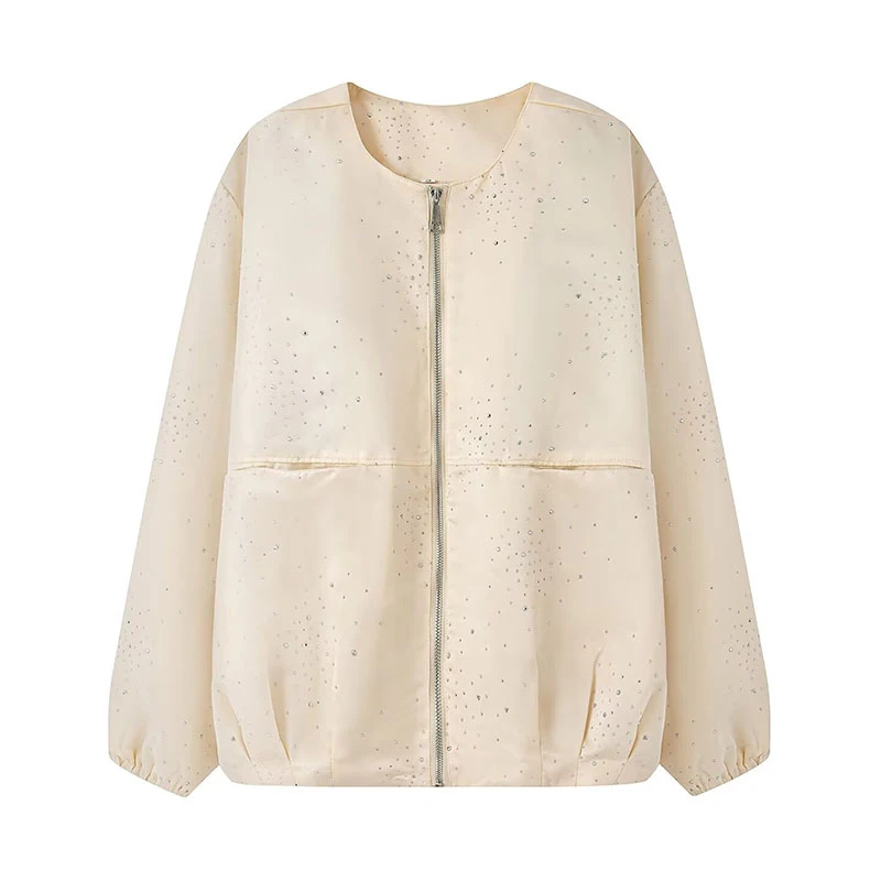 Shiny Diamond Damenjacken Vintage O-Ausschnitt Reißverschluss Puffärmel Patchwork Jacke Dame 2025, Herbst Winter, neue Mode, Streetwears – Detail 1