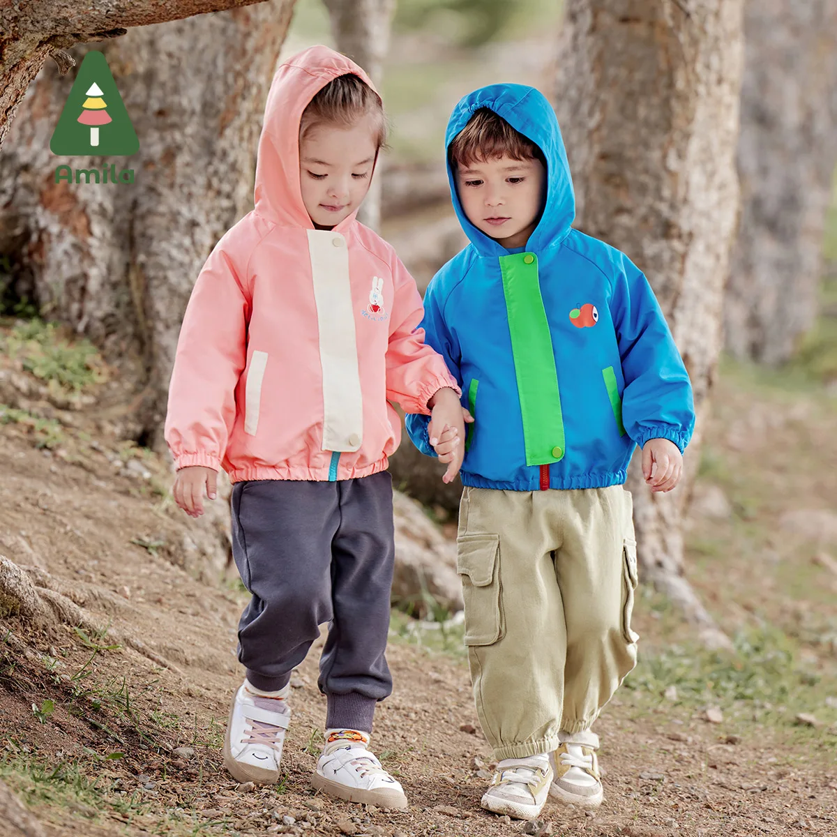 Amila Spring Girls & Boys Jacket Vibrant Outdoor Hooded Rain Stain Anti-Static Contrast Patchwork Coat