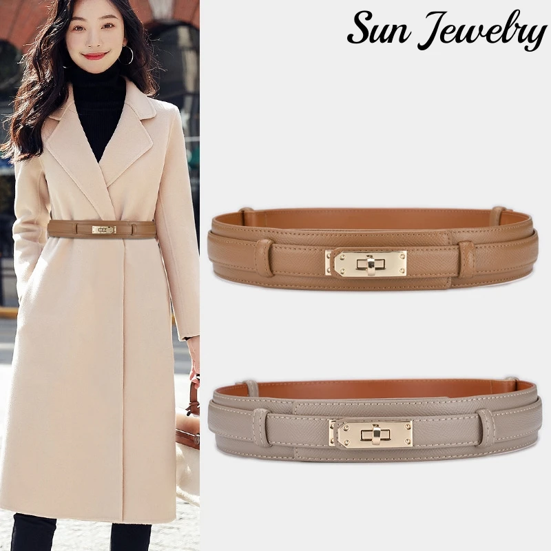 

Wide 4CM Genuine Leather Belt Metal Lock Buckle High Quality Women Girdle Fashion Waistband Casual Versatile Dress Corset Belt