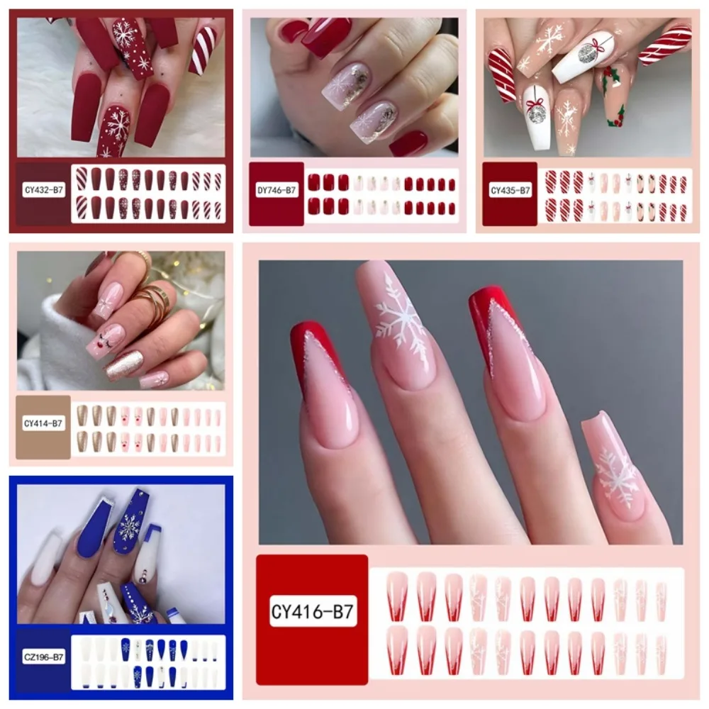 24Pcs/set Nail Supplies Christmas False Nails Manicure Material DIY Nail Accessories Christmas Fake Nails Snowflake