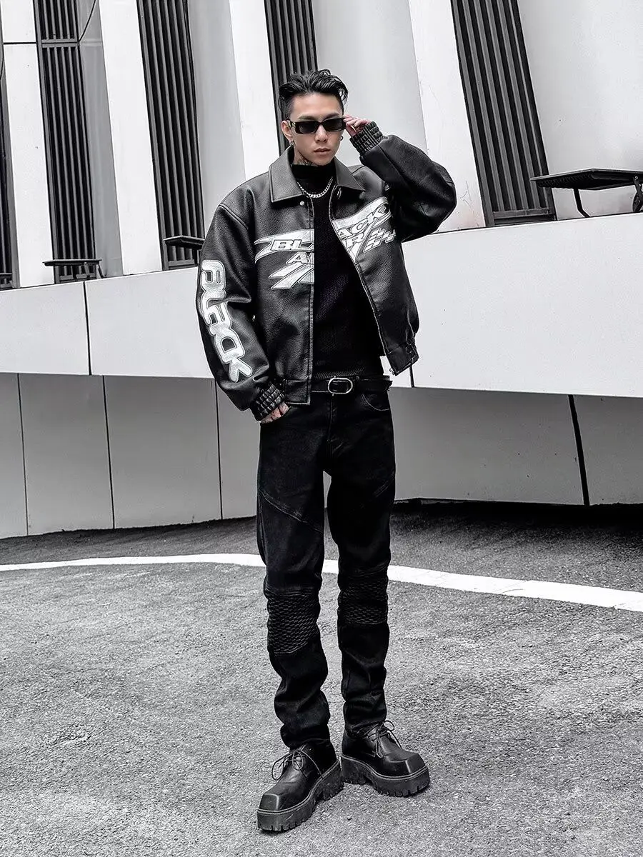 Autumn Winter Punk Coat Embroidery Motorcycle Suit PU Leather Jacket Men's High Street Retro Niche Silhouette Heavyweight Jacket 5