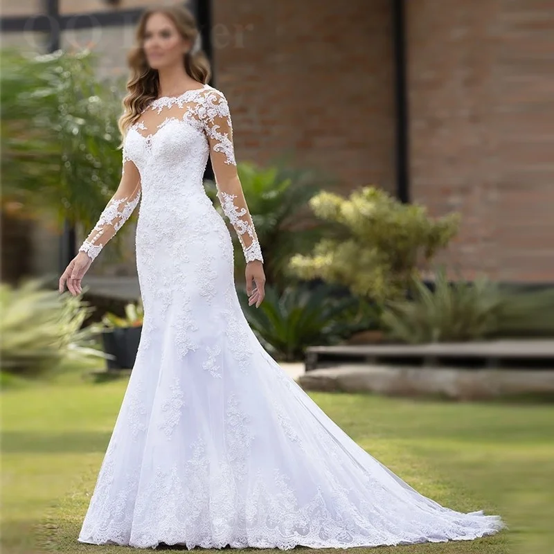 

A-Line Lace Wedding Dress With Flowers Appliques Vestido De Noiva Sheer Neckline Robe De Mariee