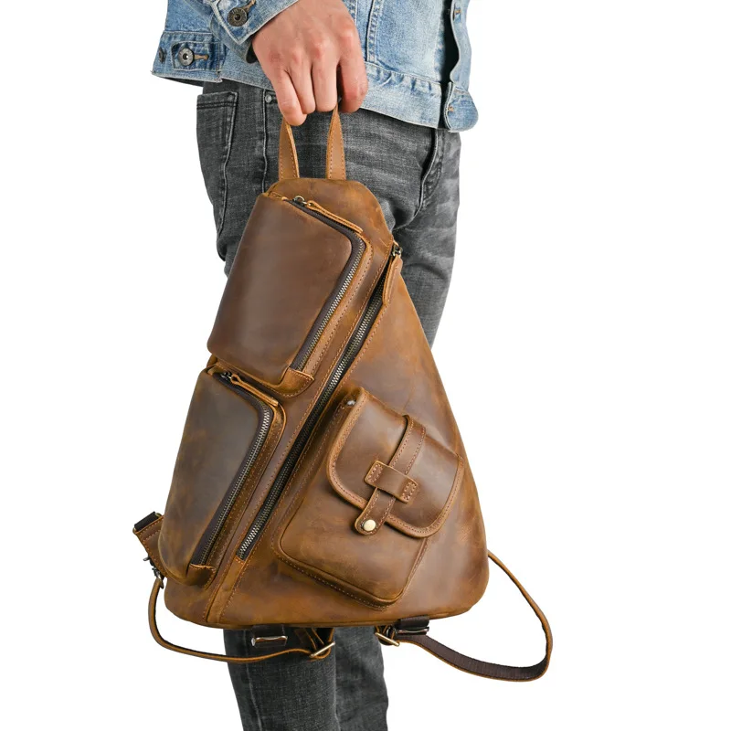 Vintage Crazy Horse Leather Backpack for Men Large Cowhide Rucksack with Multiple Pockets, Retro Travel Bag