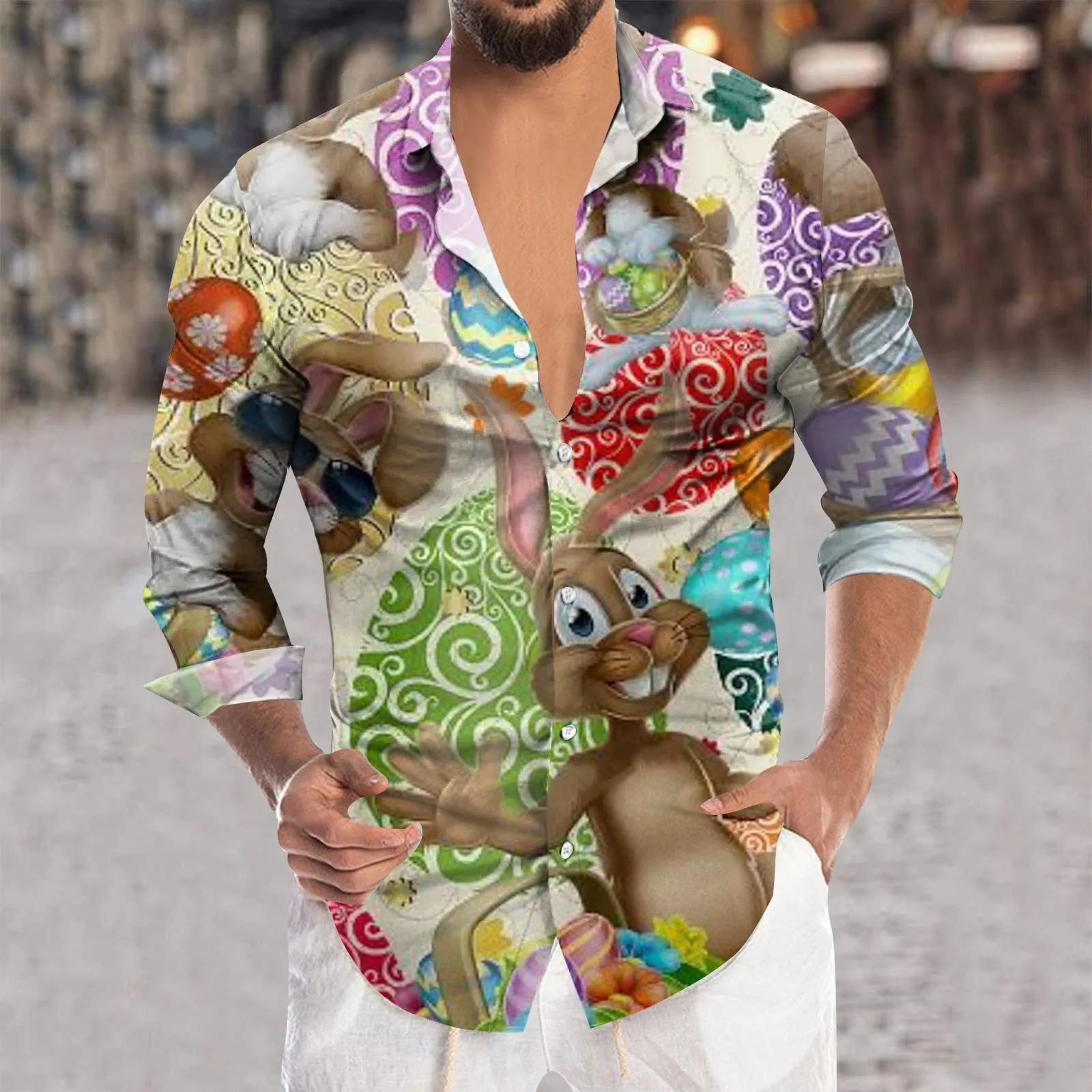 

Пасхальные модные мужские рубашки с цифровым 3d принтом, трендовая рубашка с V-образным вырезом, длинным рукавом, лацканами и пуговицами, ретро-рубашки в западном стиле, мужская рубашка