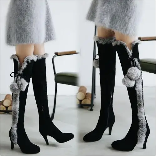 

Winter Warming Women Black Suede Rabbit Fur Ball Genuine Leather High Heel Over The Knee Boots Slip On Thigh Long Botas Shoes