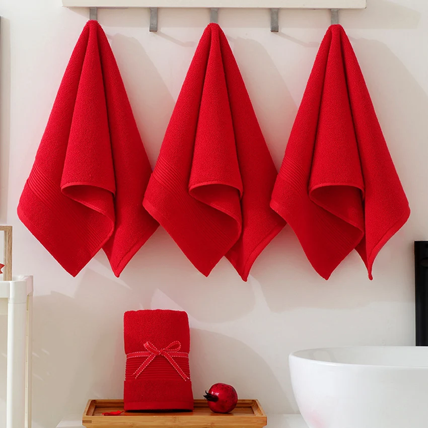 Red Cotton Towels Wedding Gift Face Towel Solid Color Soft Thick Towel 34*74cm for Adults Kids Home Bathroom Toalla Serviette 4