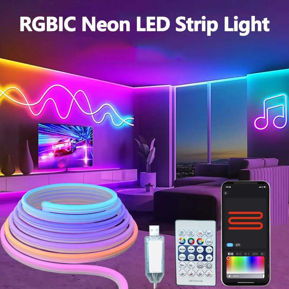 Description Picture 4 of item5V Neon LED Strip Light RGBIC Rope Lights 1M 2M 3M 5M Music Sync DIY APP RGBIC Multicolor Chasing Strip Tape for Room Wall Decor