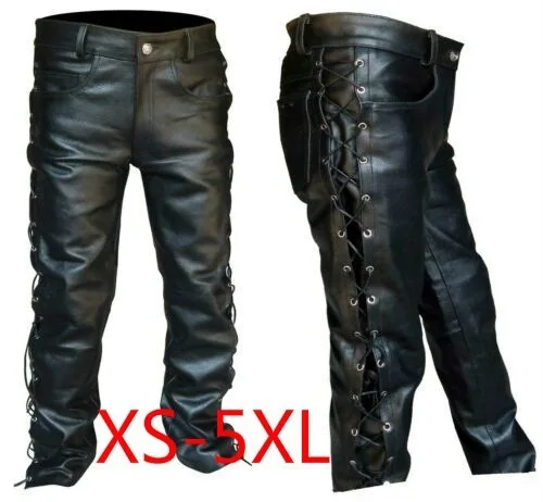 

spodnie motocyklowe meskie 2023 new winter PU men's pants black side-tie leather pants style trousers motorcycle punk style