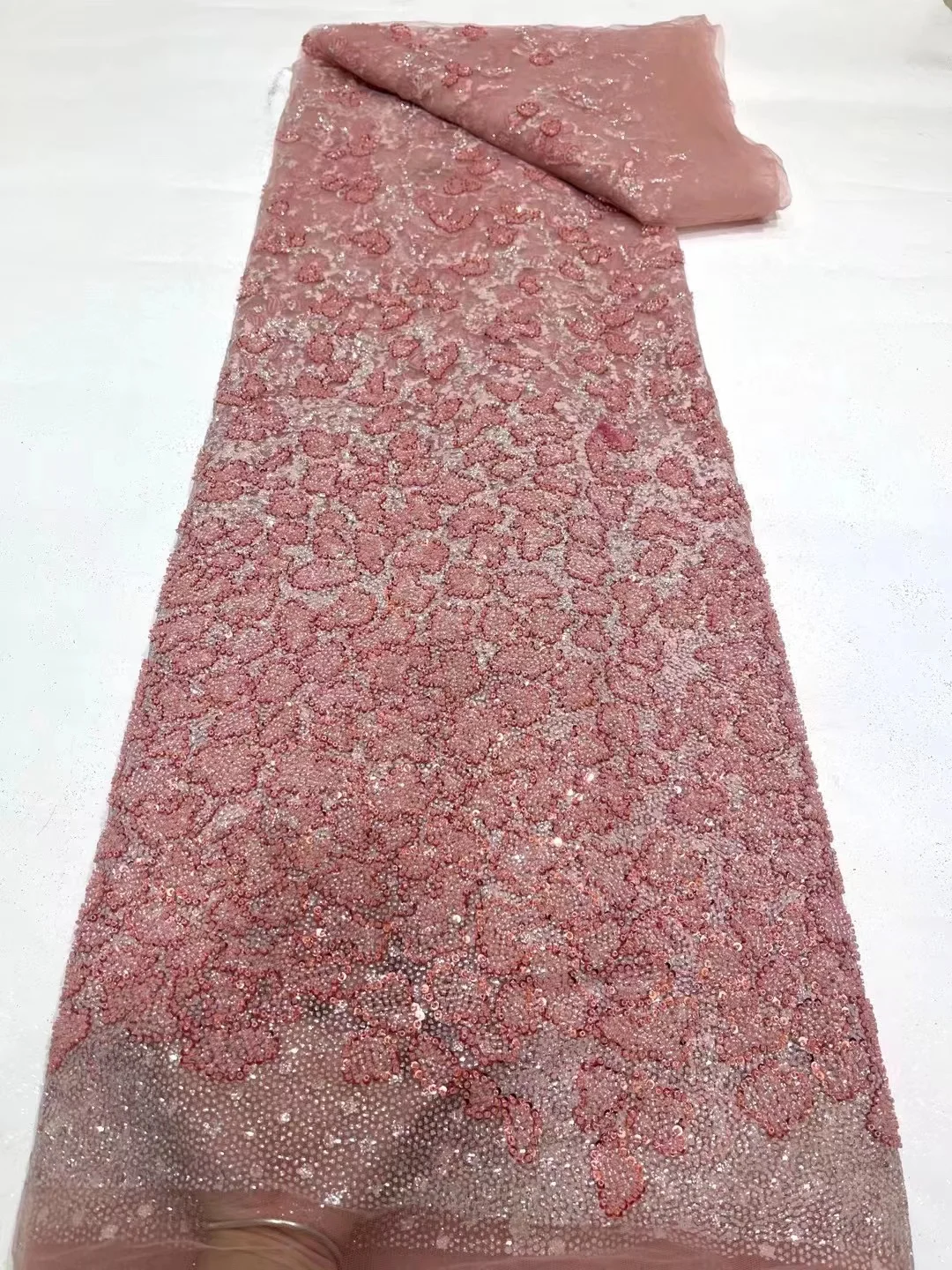 

African French Net Nigerian Mesh Tulle 2023 Embroidered Sequins Luxury Handmade Beaded Lace Fabric Party Wedding Dress PL129-1