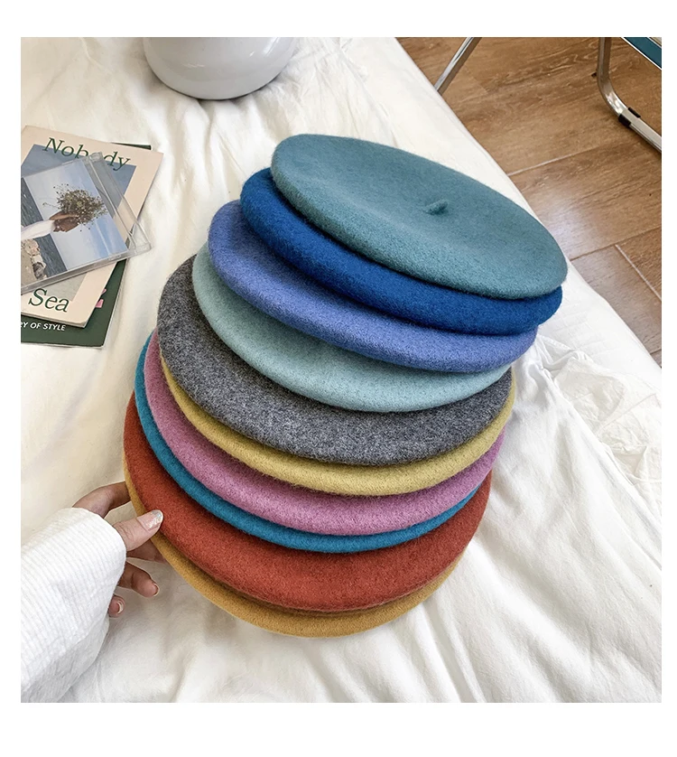 Wolle Baskenmütze Hut Für Frauen Herbst Winter Retro Britischen Candy Farbige Solide Weiche Berets Flache Vintage Maler Kappe Casual Warm Halten – Detail 13