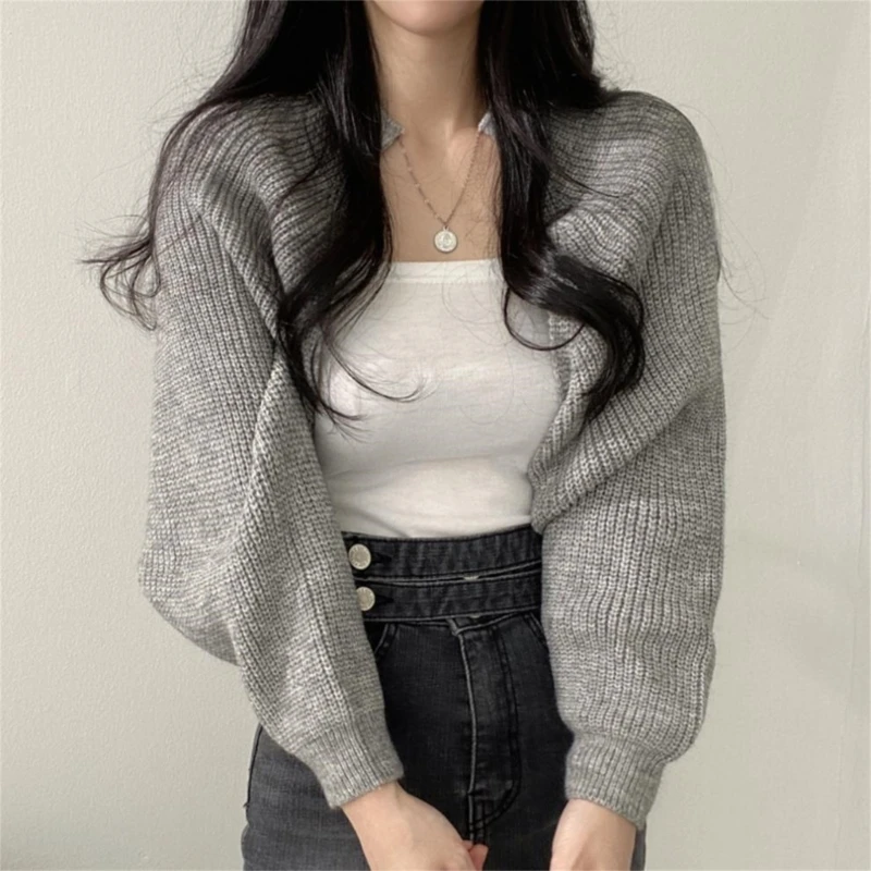 여성용 오픈 프론트 셔그 긴 소매 크롭 가디건 스웨터, 레이디 데일리 캐주얼 단색 아우터 재킷, 짧은 숄 상의, 가을