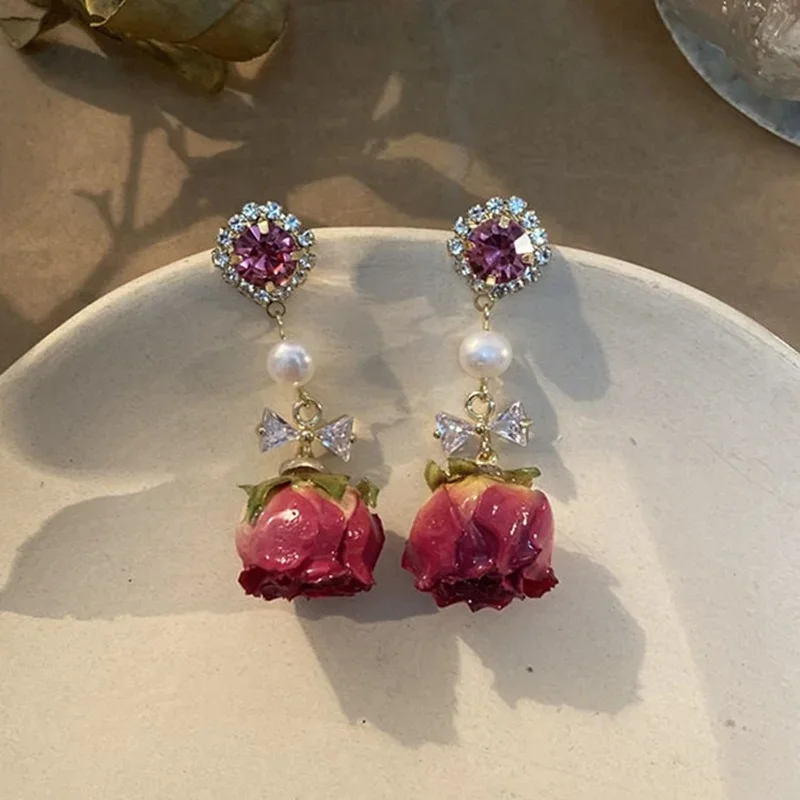 Fashion Jewelry Design Vintage Immortal Flower Real Flower Glue Fresh and Sweet Freshwater Pearl Stud Earrings for Women